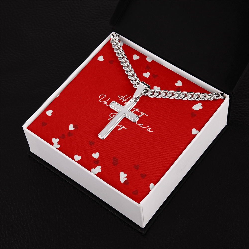 Cuban Chain with Artisan Cross Necklace Happy Valentines Day