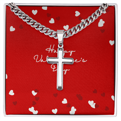 Cuban Chain with Artisan Cross Necklace Happy Valentines Day