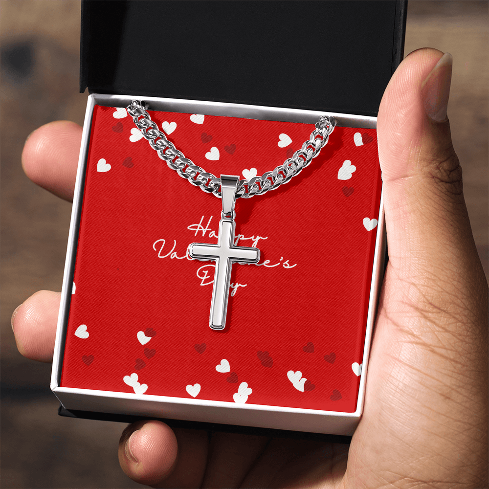 Cuban Chain with Artisan Cross Necklace Happy Valentines Day