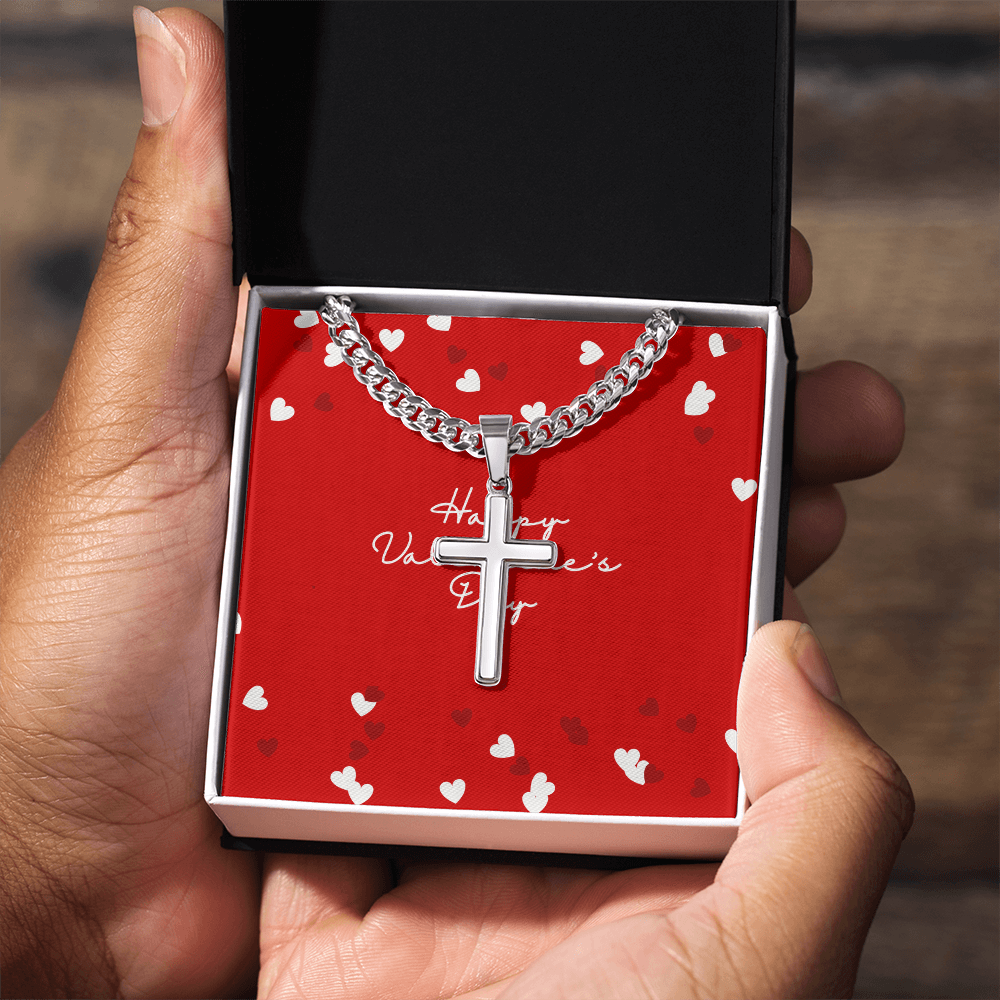 Cuban Chain with Artisan Cross Necklace Happy Valentines Day