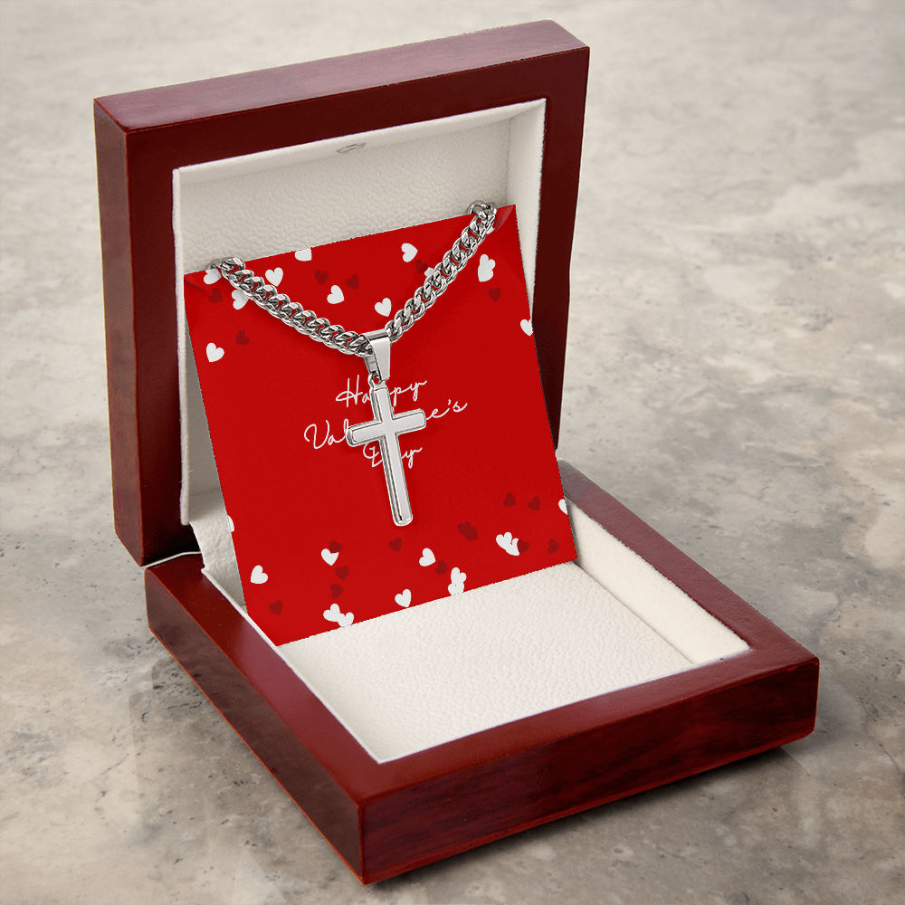 Cuban Chain with Artisan Cross Necklace Happy Valentines Day