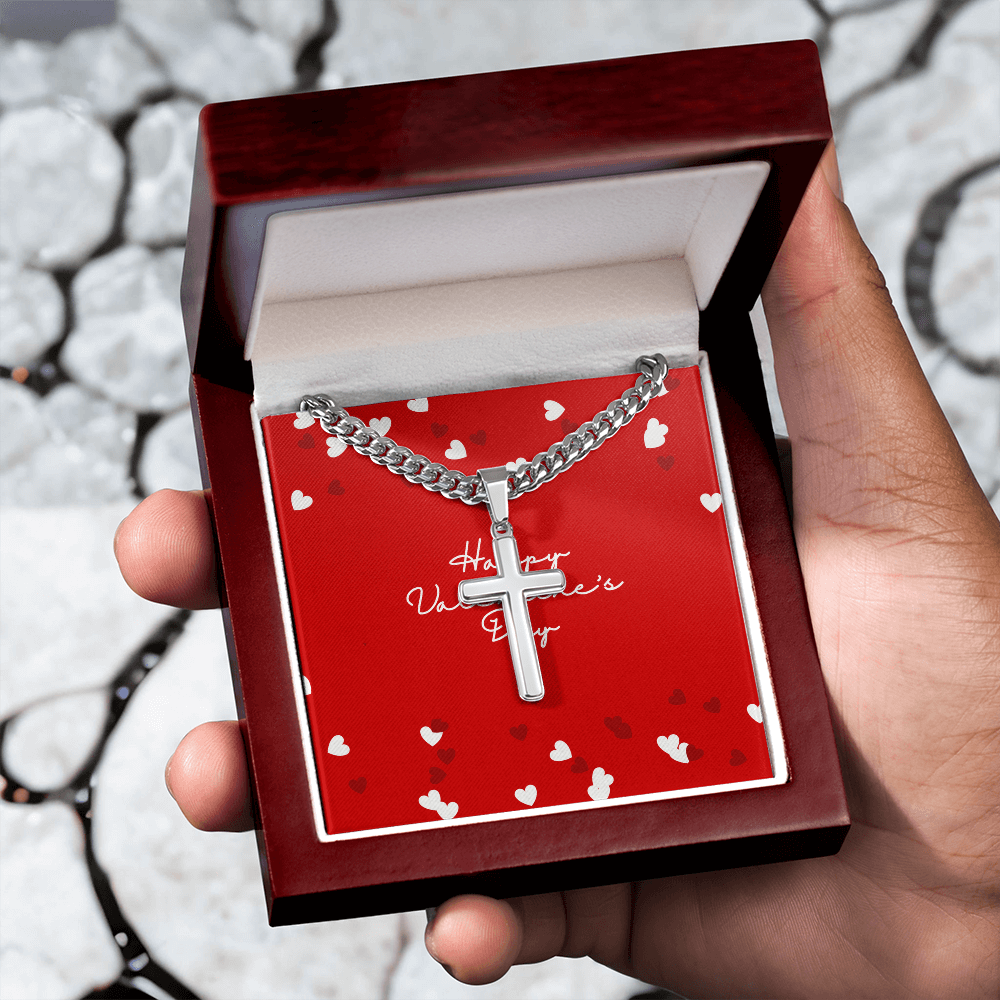 Cuban Chain with Artisan Cross Necklace Happy Valentines Day