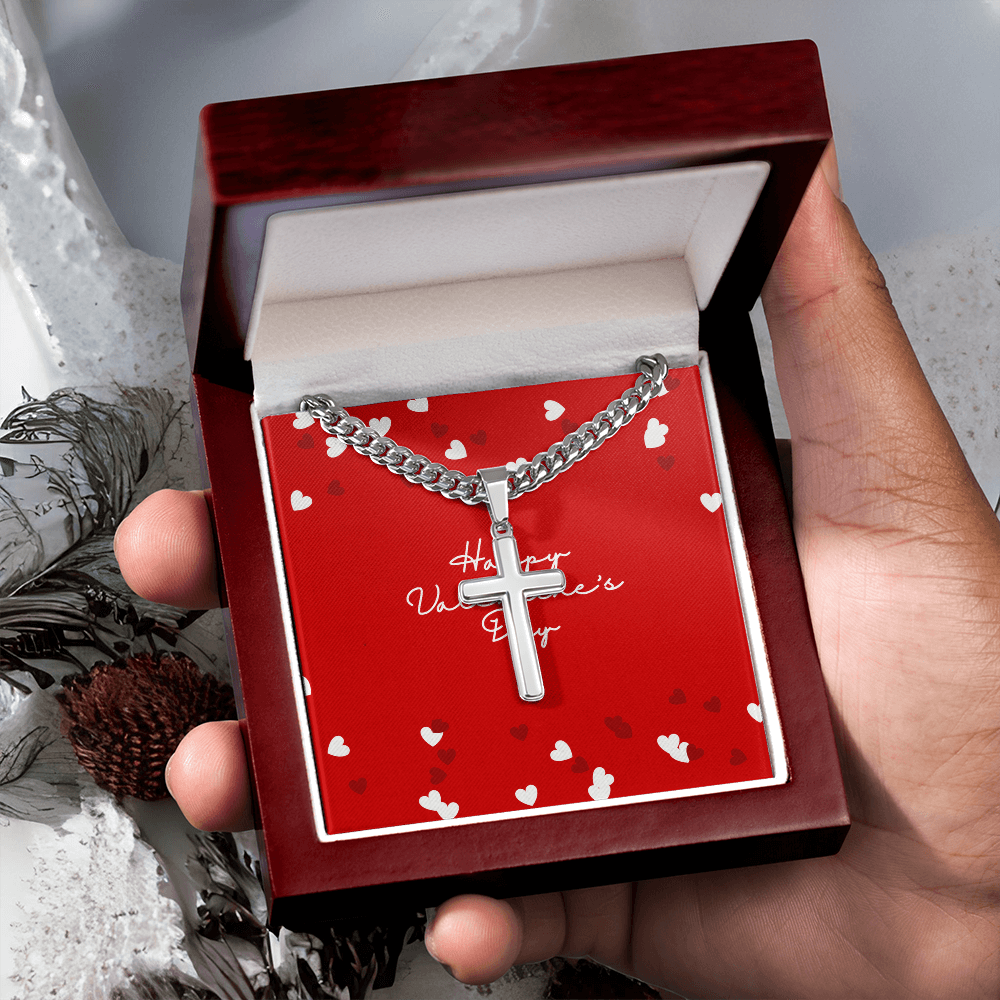 Cuban Chain with Artisan Cross Necklace Happy Valentines Day