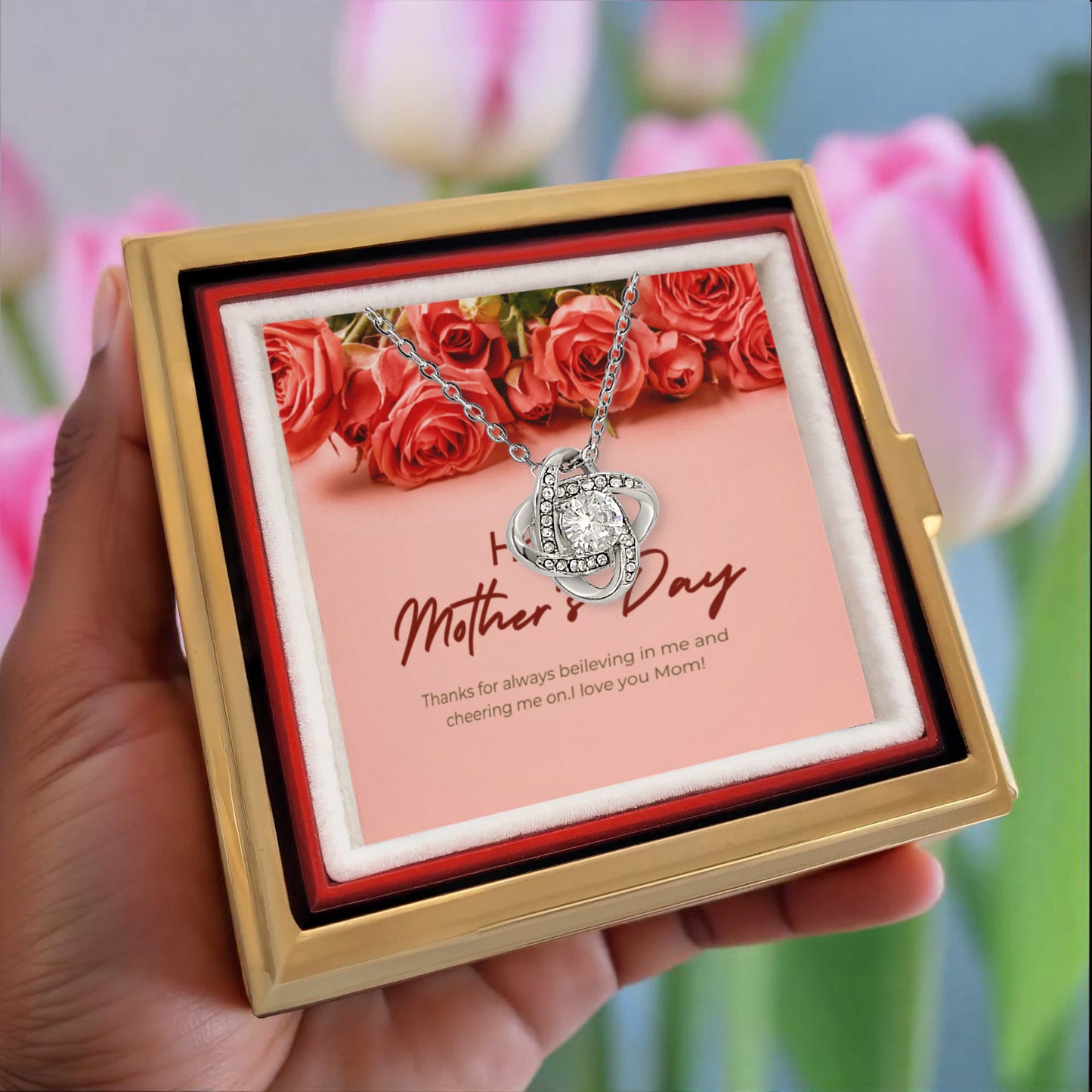 Love Knot Necklace with Rotating Rose Gift Box